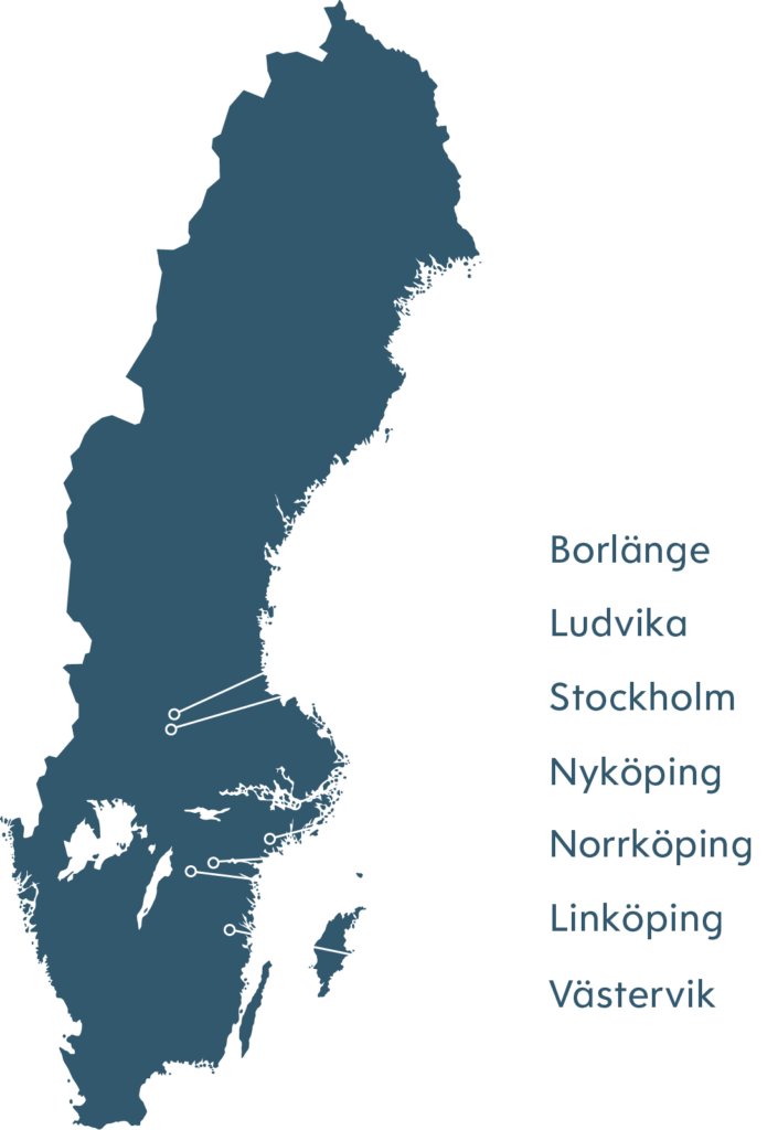 Sverigekarta med våra orter utmarkerade